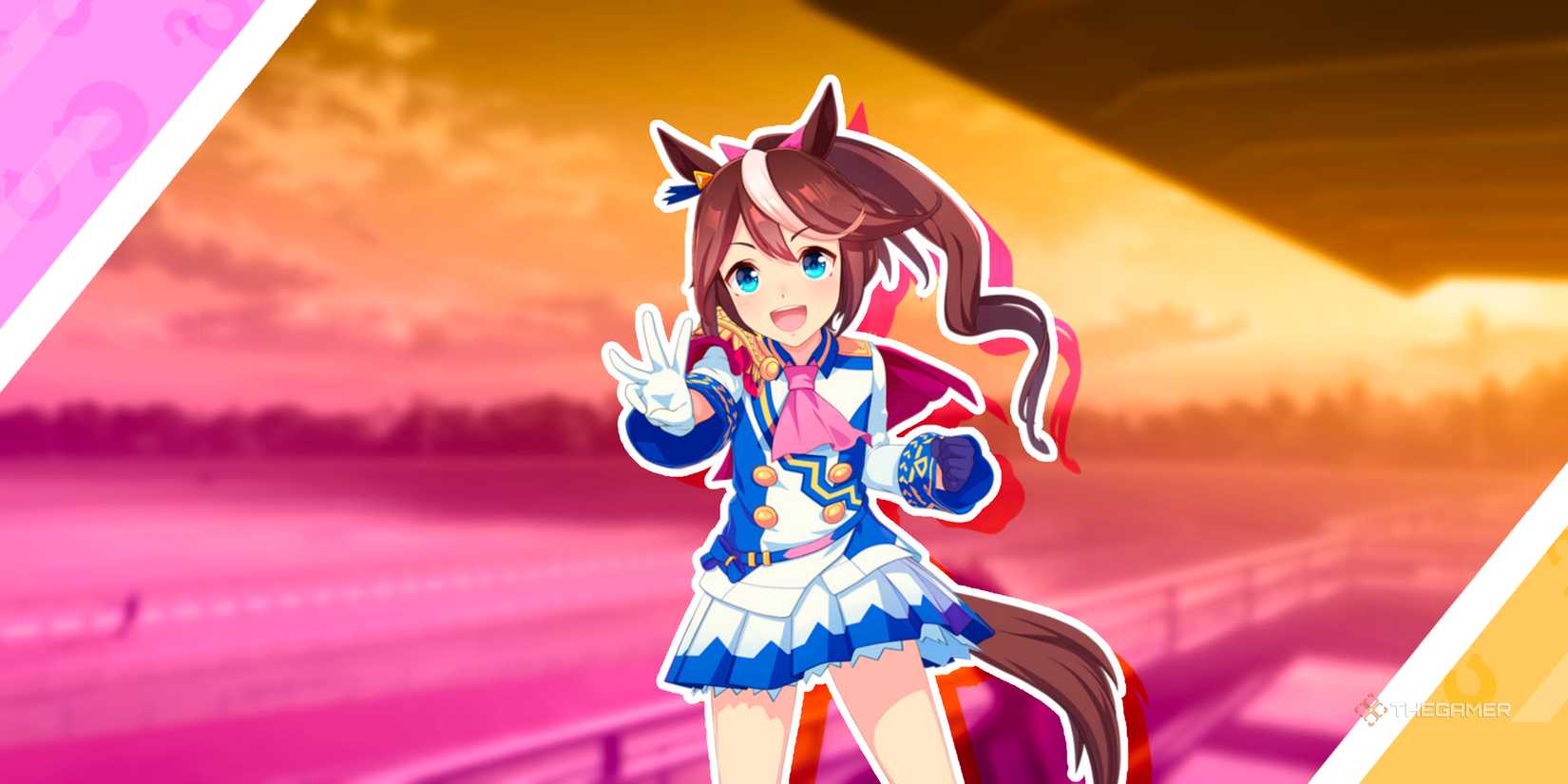Tokai Teio in her race outfit in front of a race track from Umamusume: Pretty Derby.