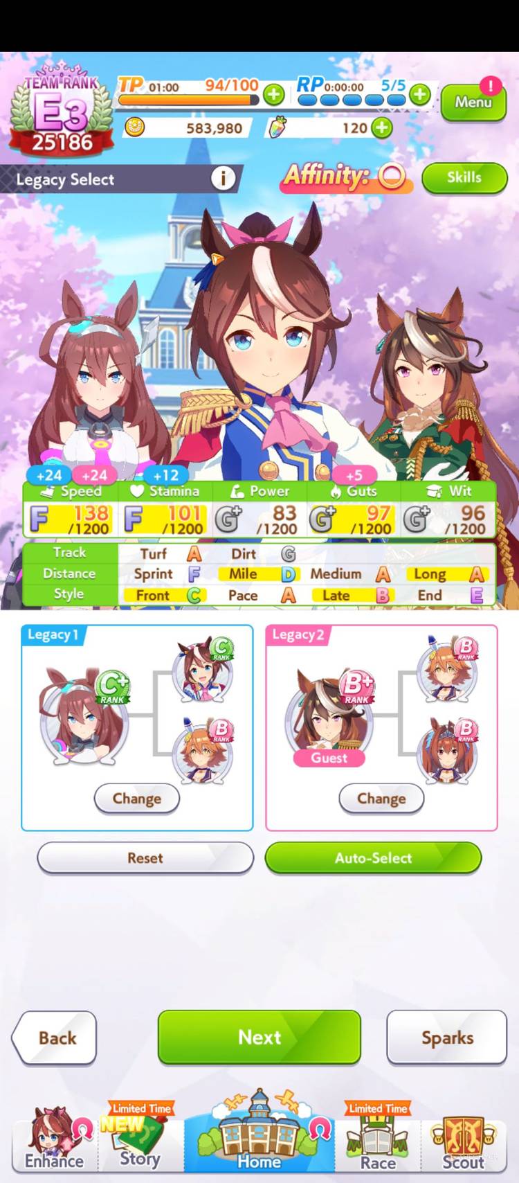 Tokai Teio legacy menu is shown in Umamusume Pretty Derby.