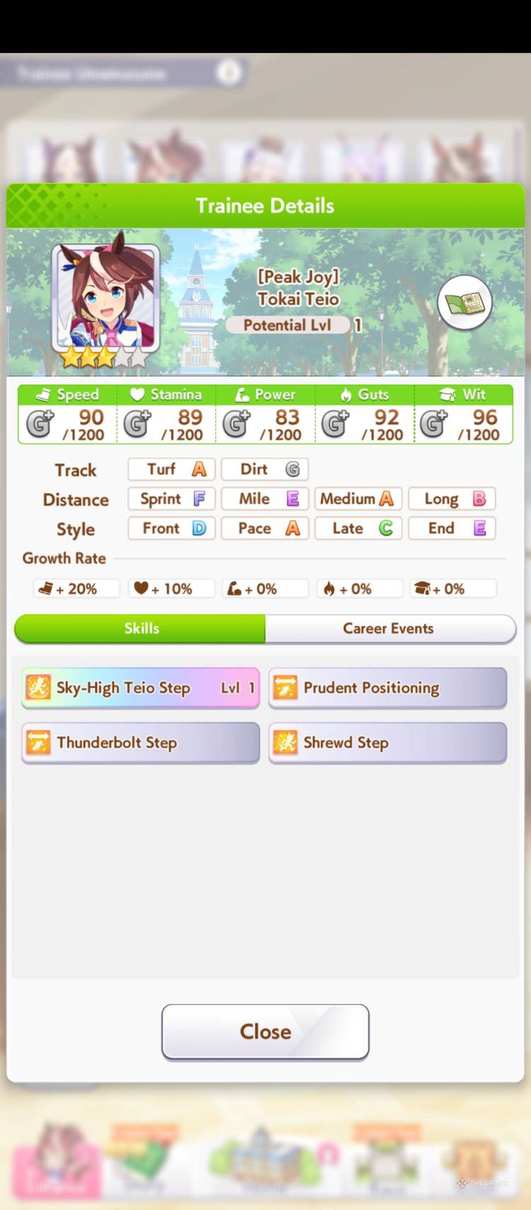 Tokai Teio overview is shown in Umamusume Pretty Derby.