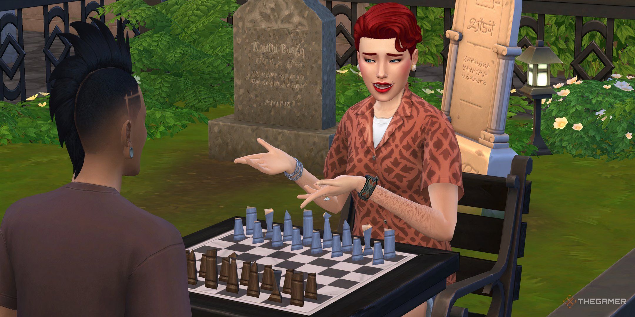 Two Sims near graves in The Sims 4, talking over a game of chess.
