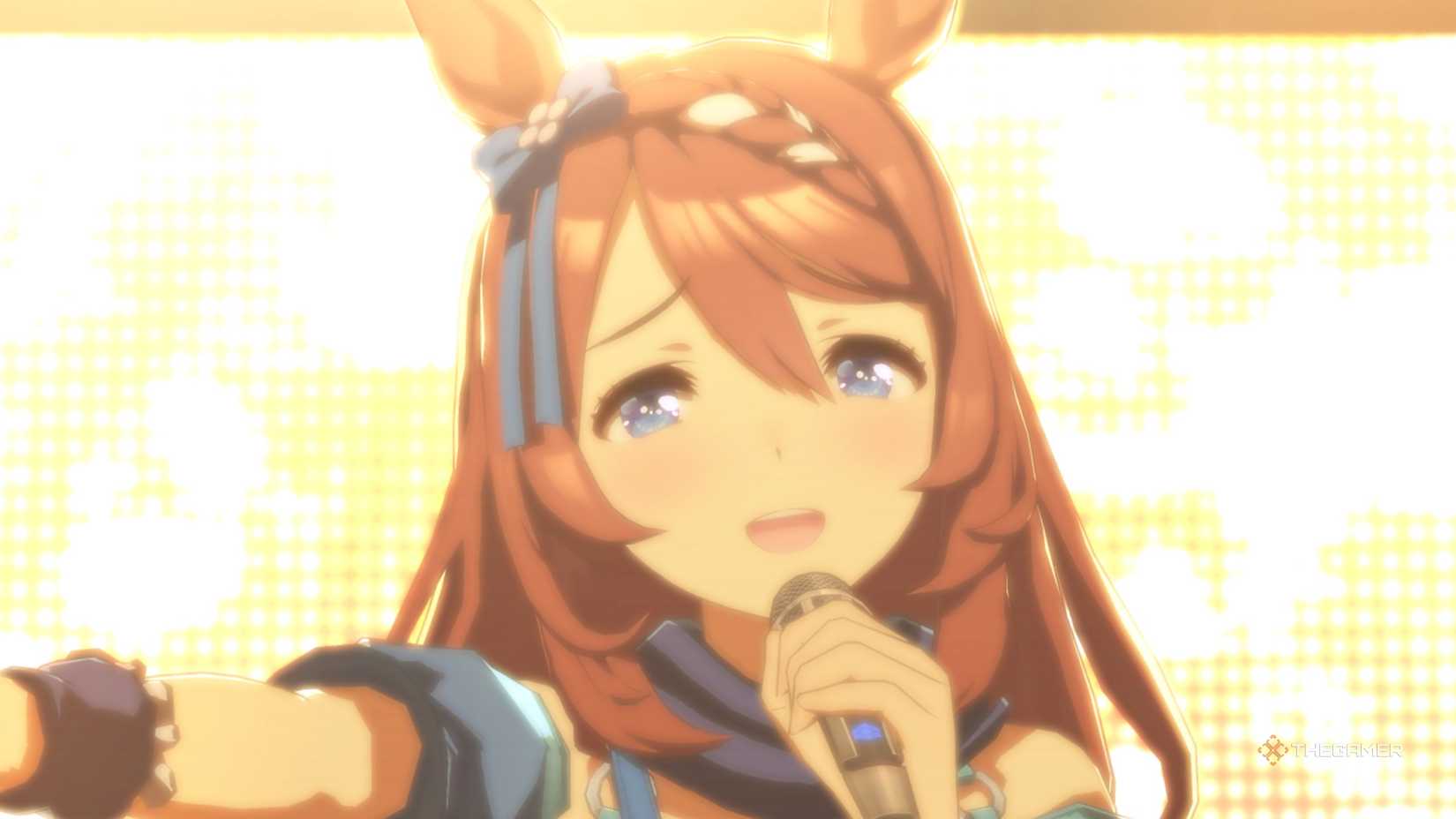 Umamusume Pretty Derby Super Creek singing with a bright light.