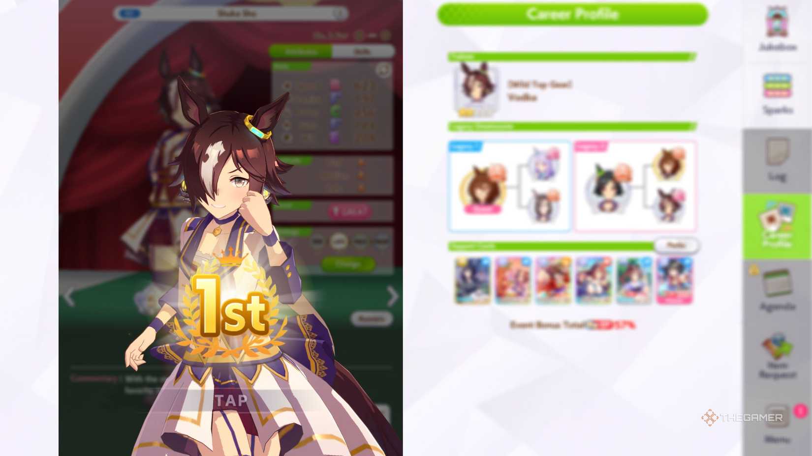 Umamusume Pretty Derby Vodka achieving victory in a race.