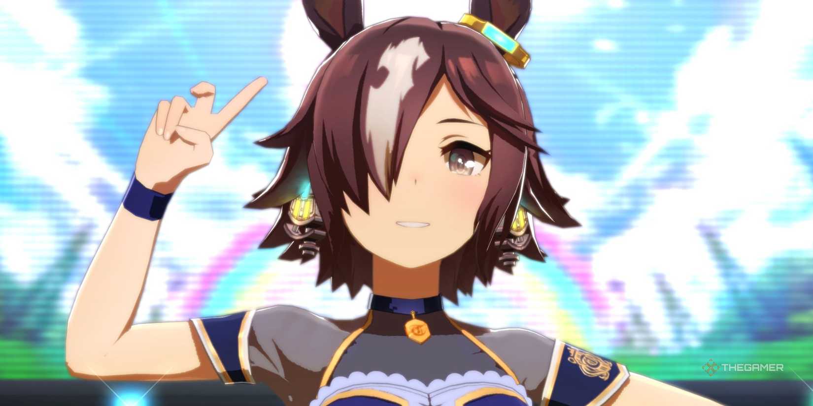 Umamusume Pretty Derby Vodka making the cheese sign in a concert.