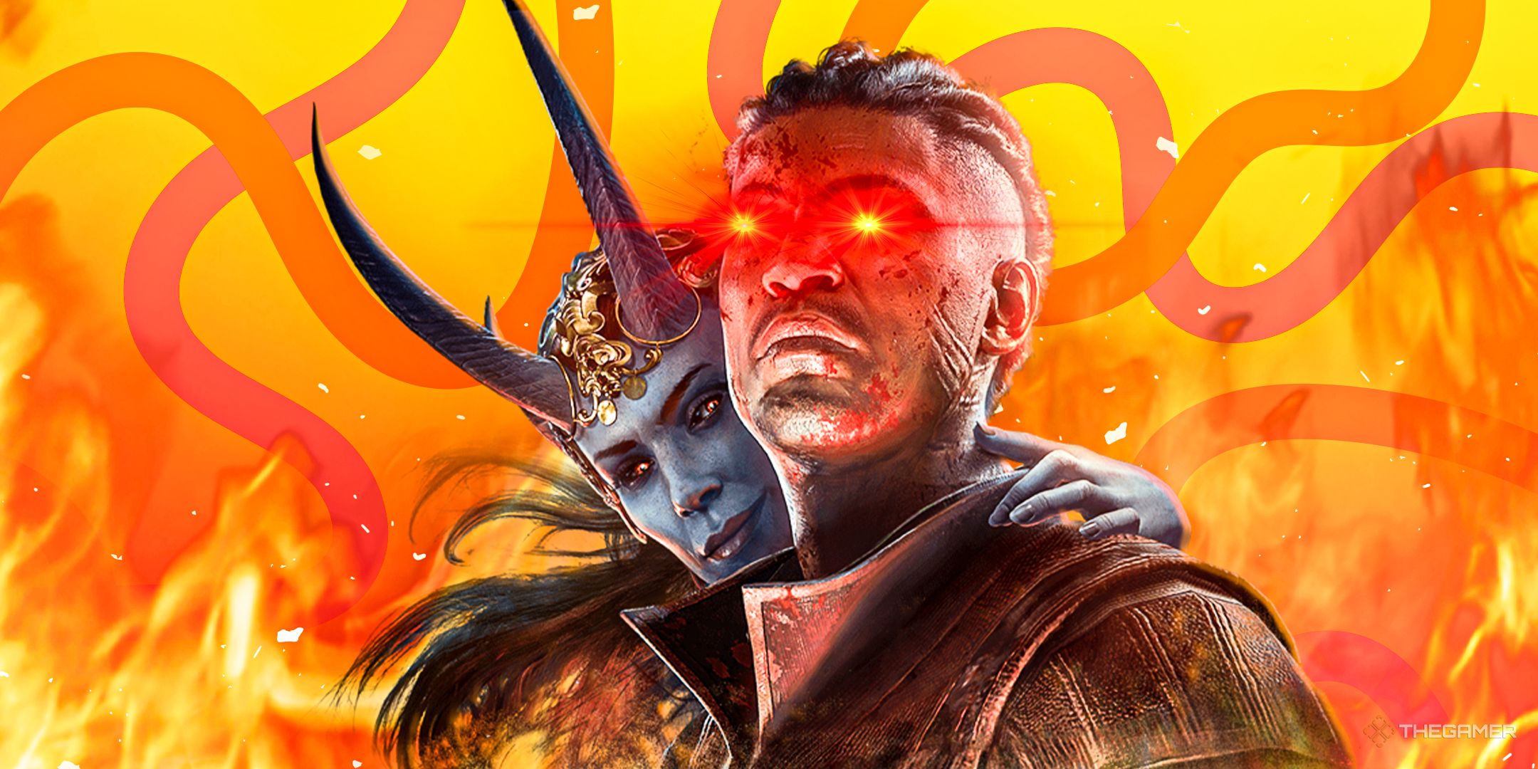 Wyll and Mizora from Baldur's Gate 3 over a flaming background. Wyll has glowing red eyes.