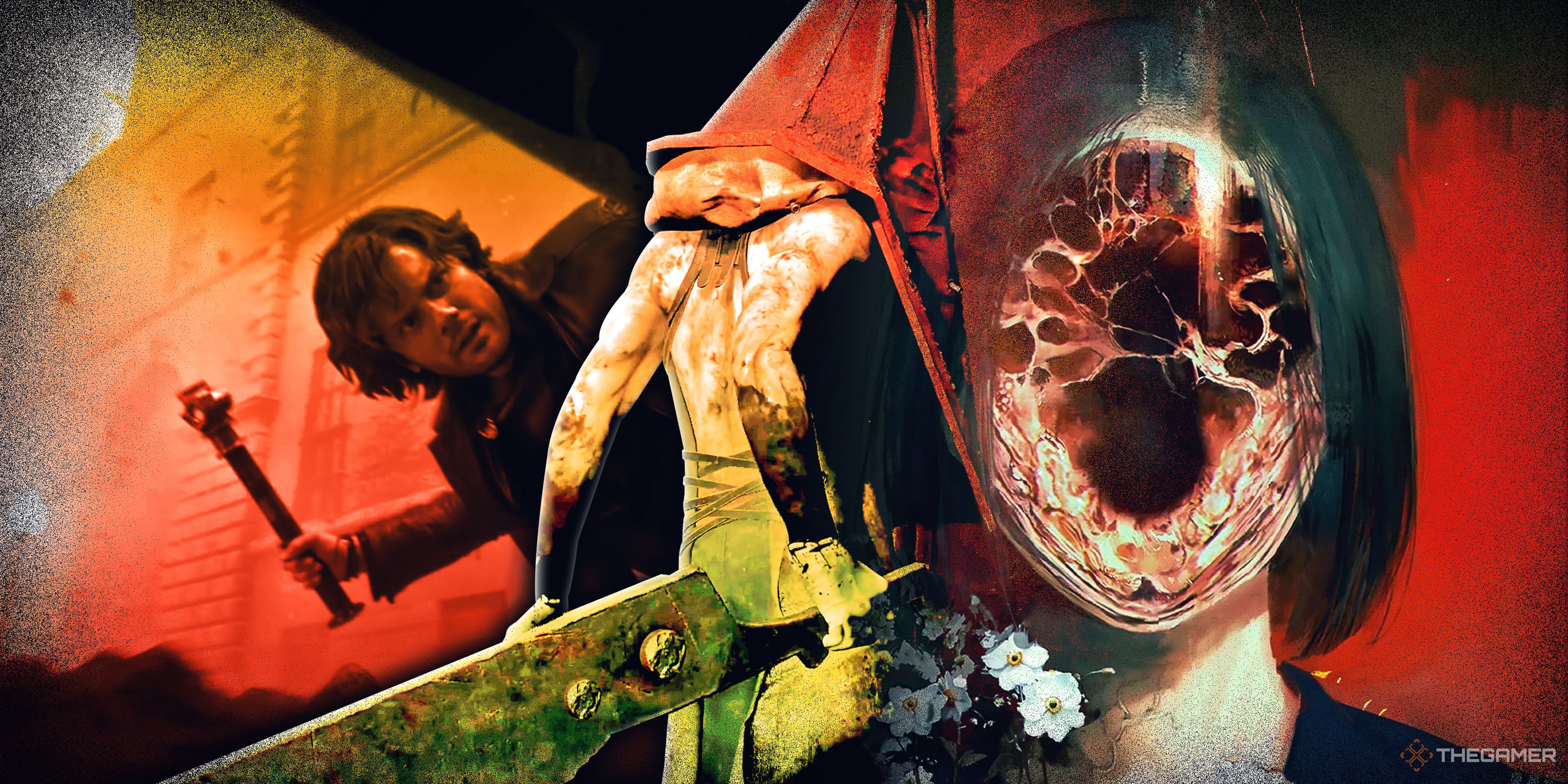 Photos from the Return to Silent Hill trailer with a screenshot from Silent Hill f.