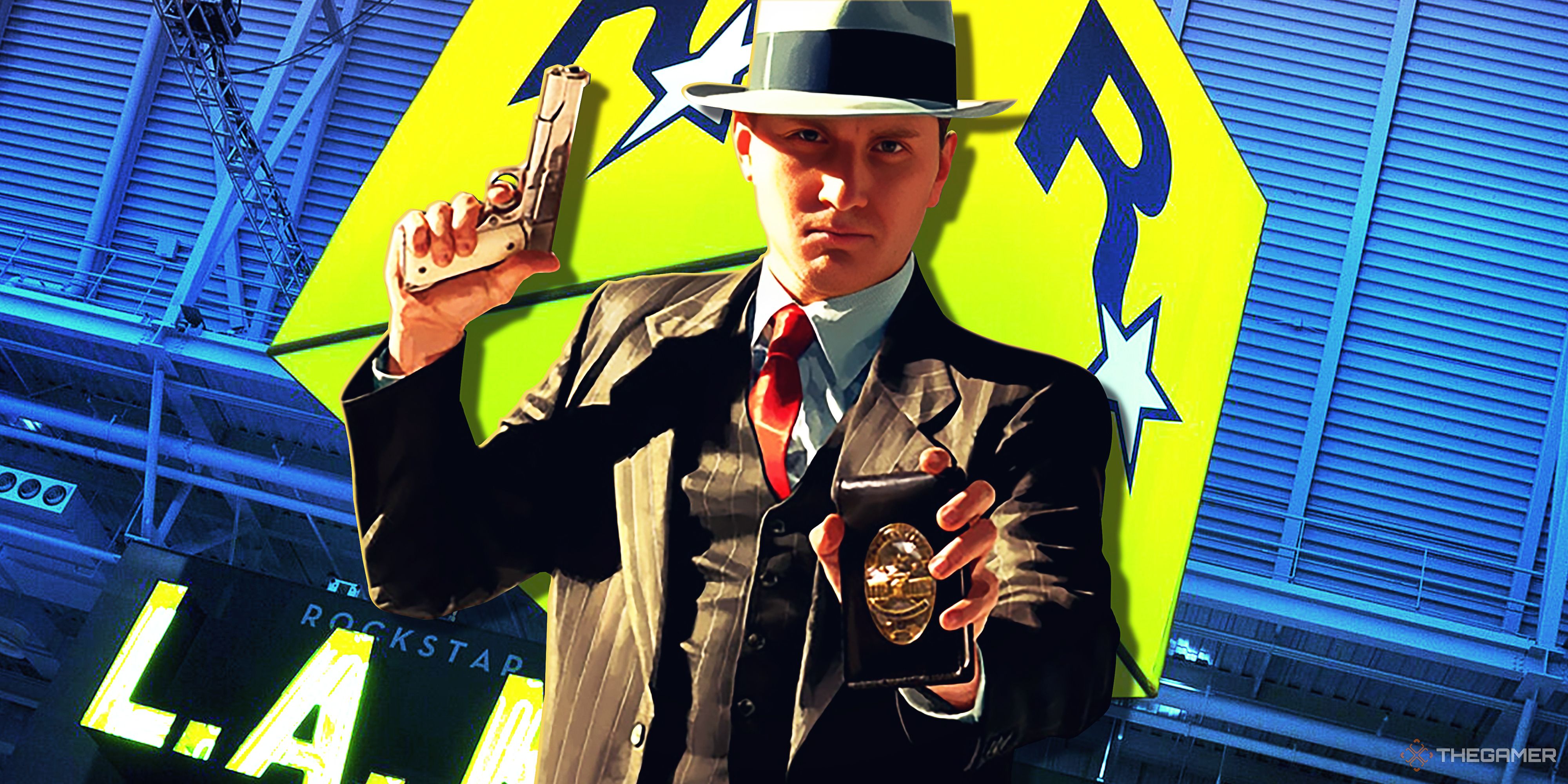 Cole from LA Noire in front of a sign with Rockstar's logo on it.