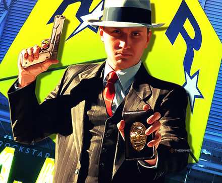 Cole from LA Noire in front of a sign with Rockstar's logo on it.
