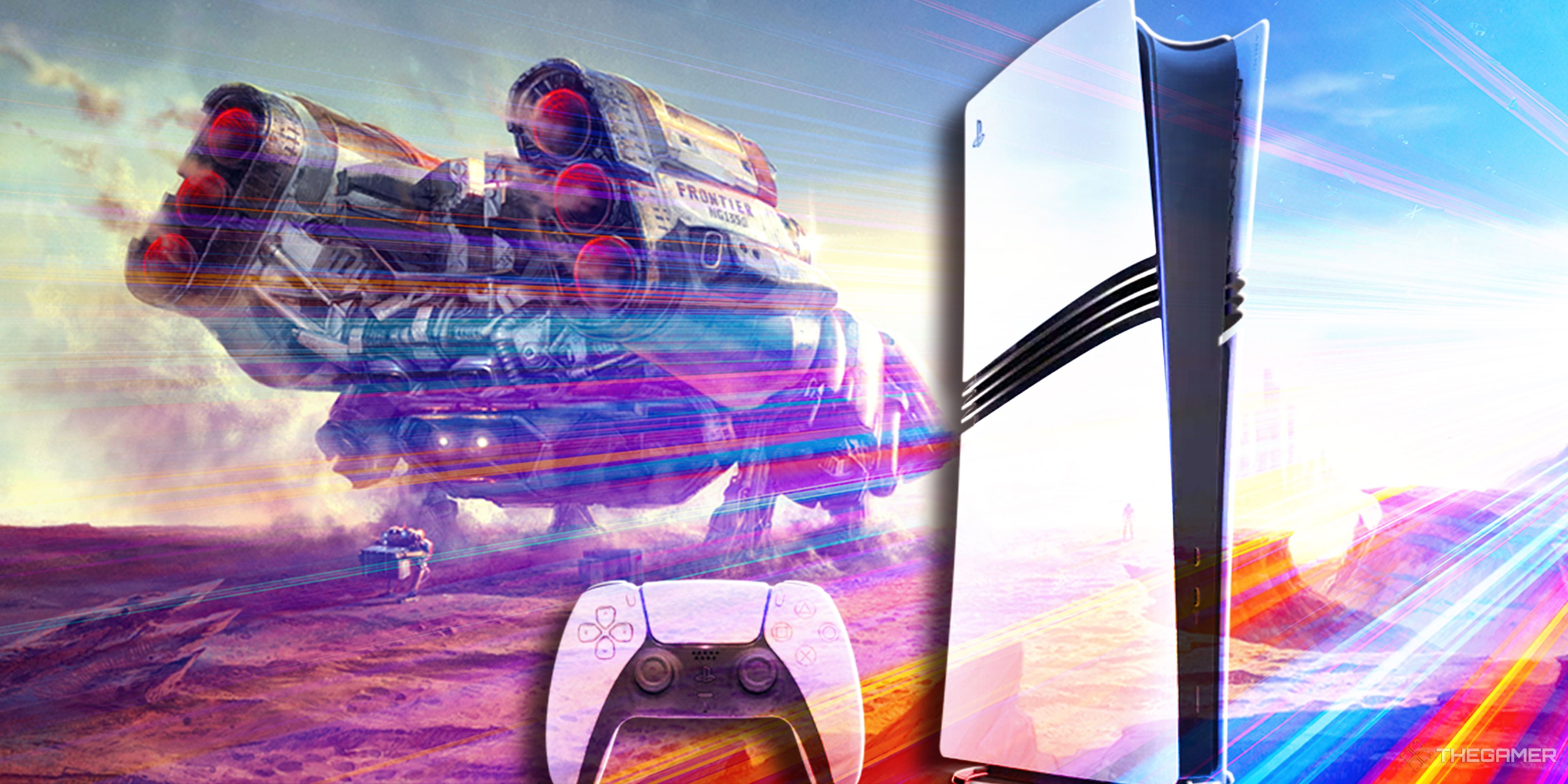 A split image shows the PS5 pro on the right, a DualSense in the center, and a Starfield space craft taking off from a red planet on the left.