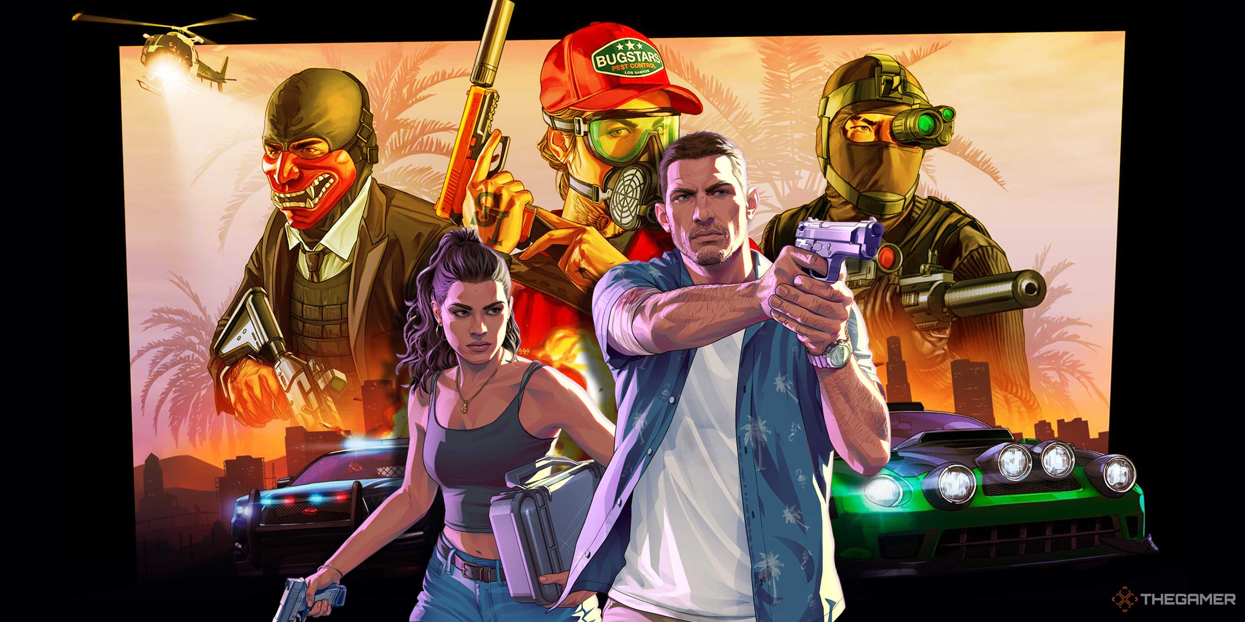 Jason and Lucia from Grand Theft Auto 6 in the foreground with characters from GTA Online in the background.