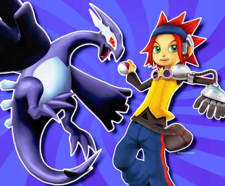 Shadow Lugia and the main character of Pokemon XD: Gale of Darkness against a purple striped background.