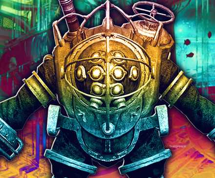 A Big Daddy from BioShock with Rapture in the background.