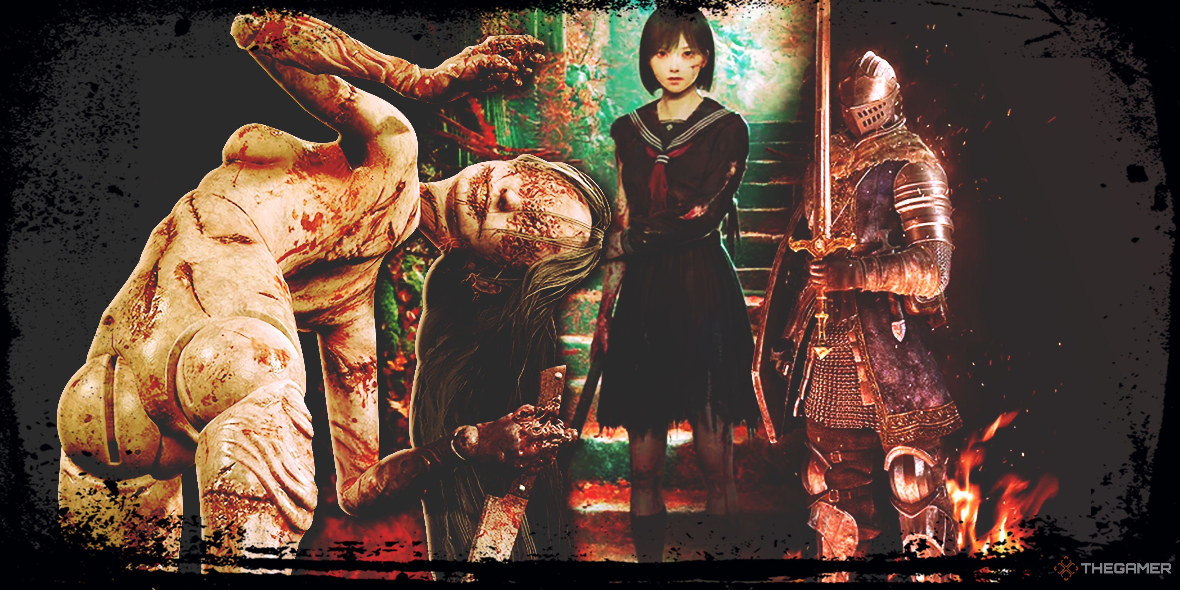 Hinako and a monster from Silent Hill F next to a knight in armour from a Souls game.