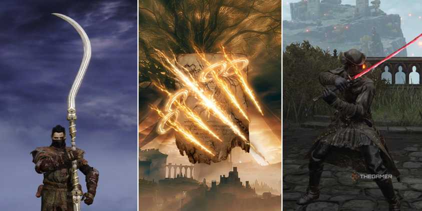 A collage of two weapons and a lightning strike from the fire ring.