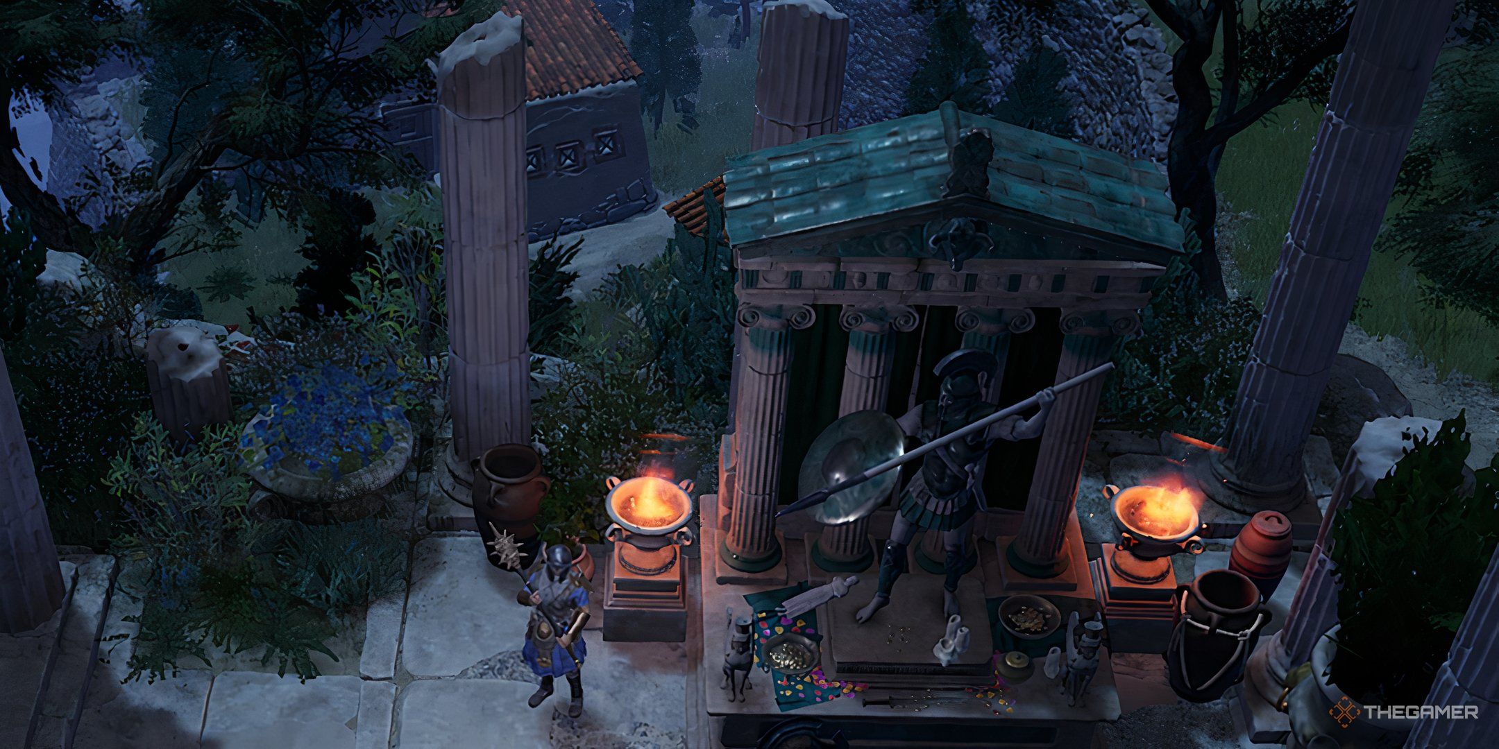 A player character by the shrine in Pyrgos to change the difficulty in Titan Quest 2.