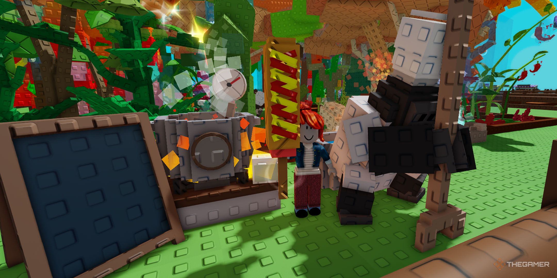 A player holding a corn dog beside a cooking kit in Grow a Garden.