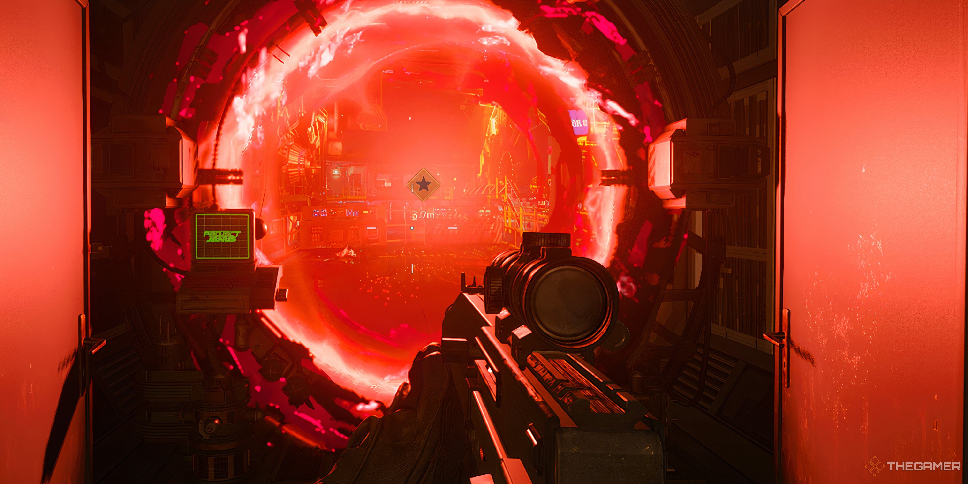 The player in Call of Duty: Black Ops 6 Zombies looking at a glowing red portal. 