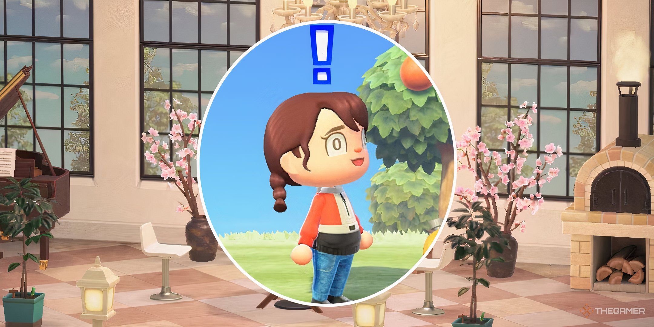An Animal Crossing player with a shocked emote in a split image with a player's house.
