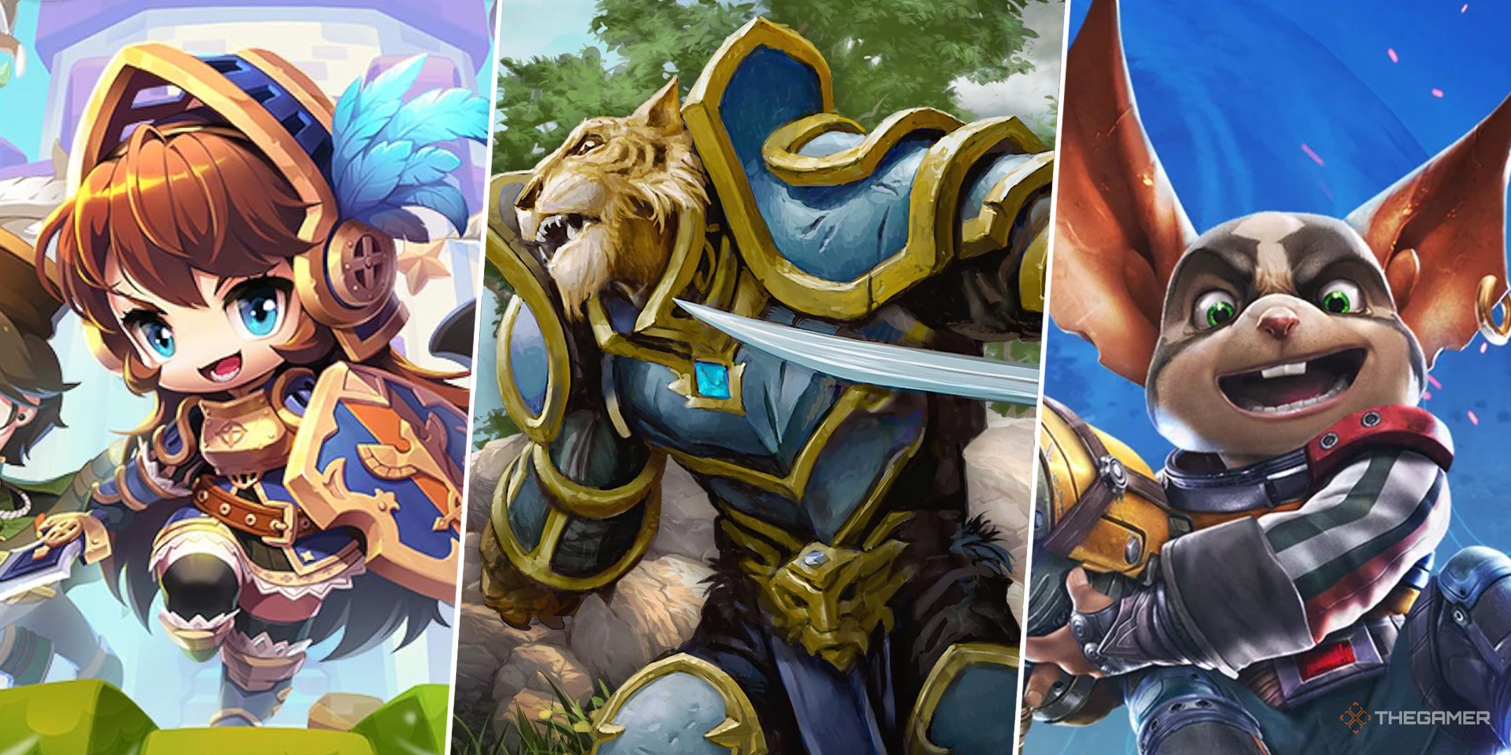 A split image of MMORPGs, featuring MapleStory 2, EverQuest Next, and WildStar.