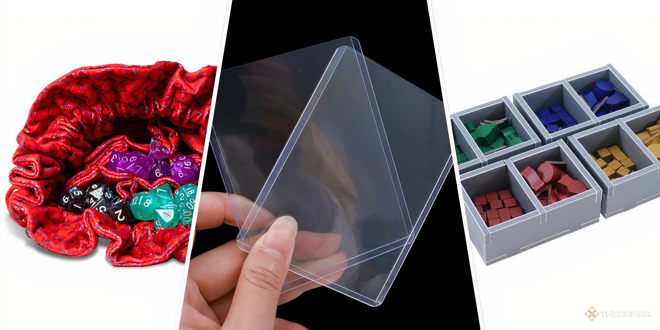 Dice bag card sleeves and box separators side by side in a 3 image collage.