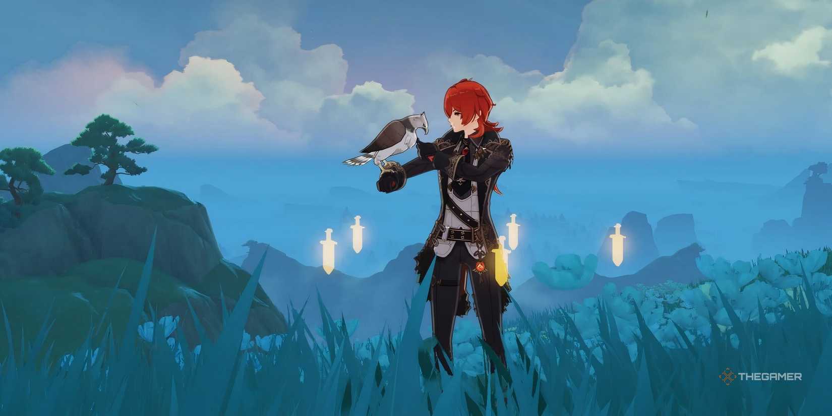 Diluc with his bird overlooking Sumeru at sunrise in Genshin Impact.
