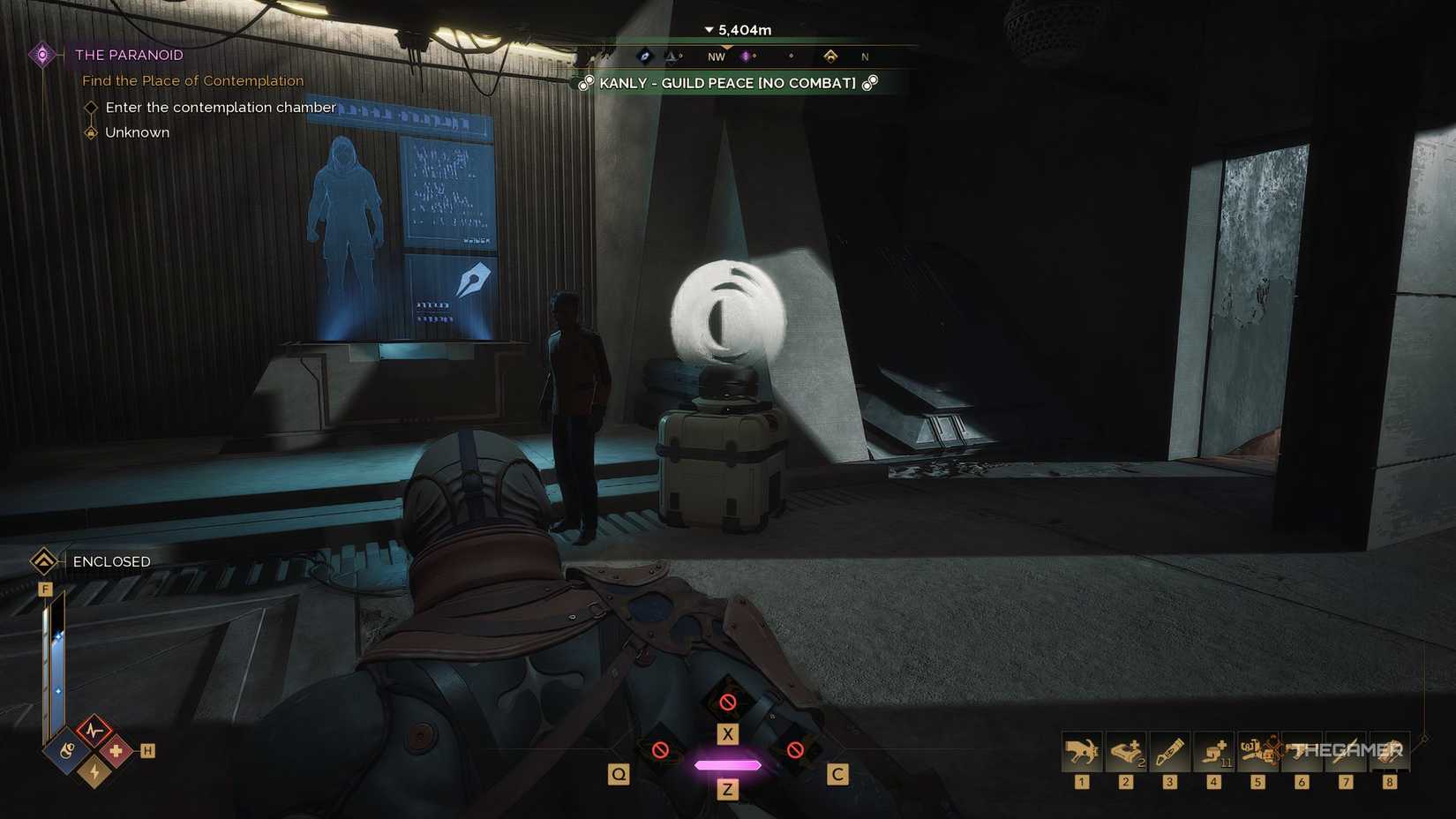 The player in a trade post looking at the Choam buyer in Dune: Awakening. The contract salesman is behind NPC.