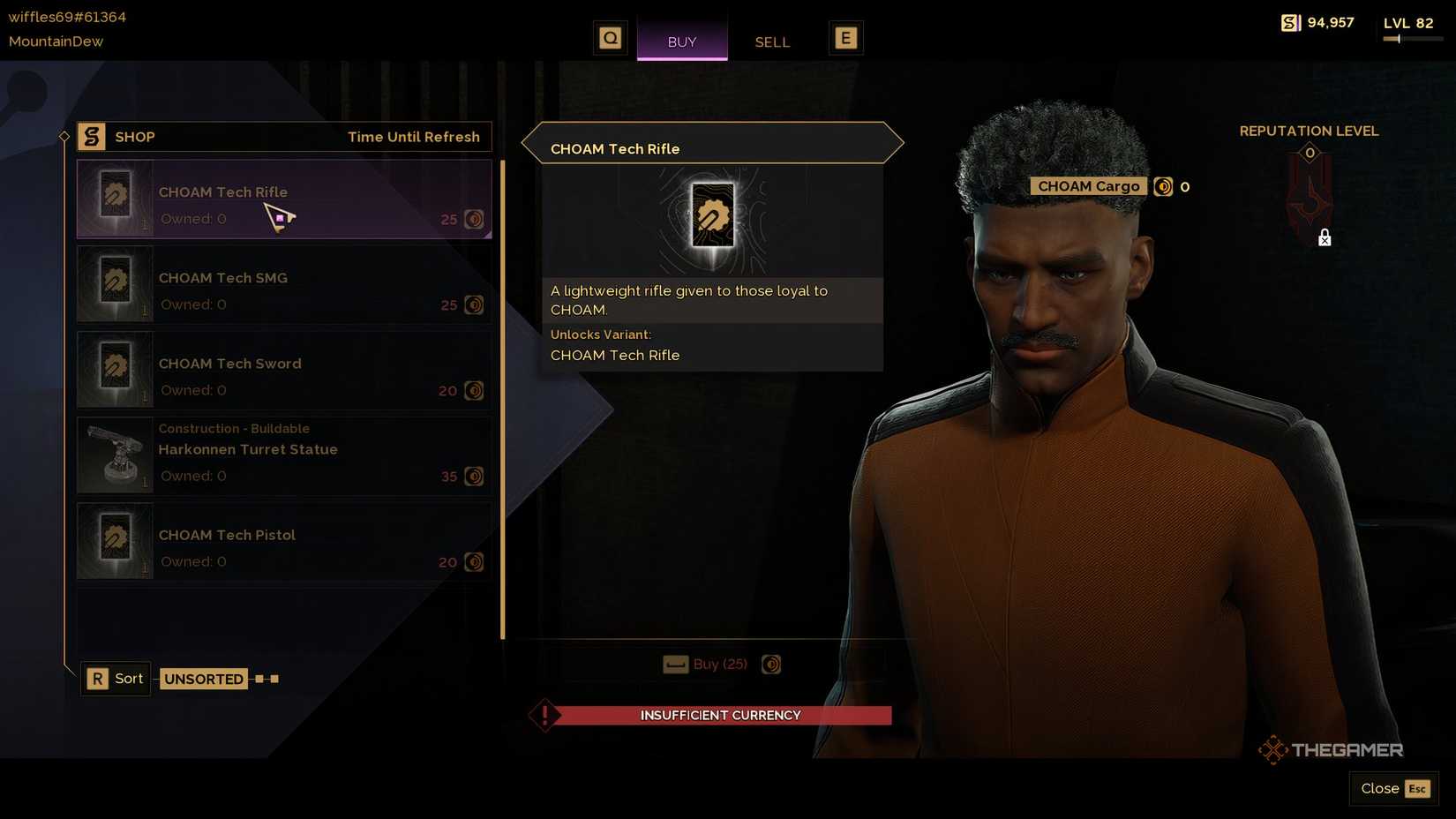 The merchant's store that shows all rewards with its prices listed in Dune: Awakening. To the right is the Choam buyer. 
