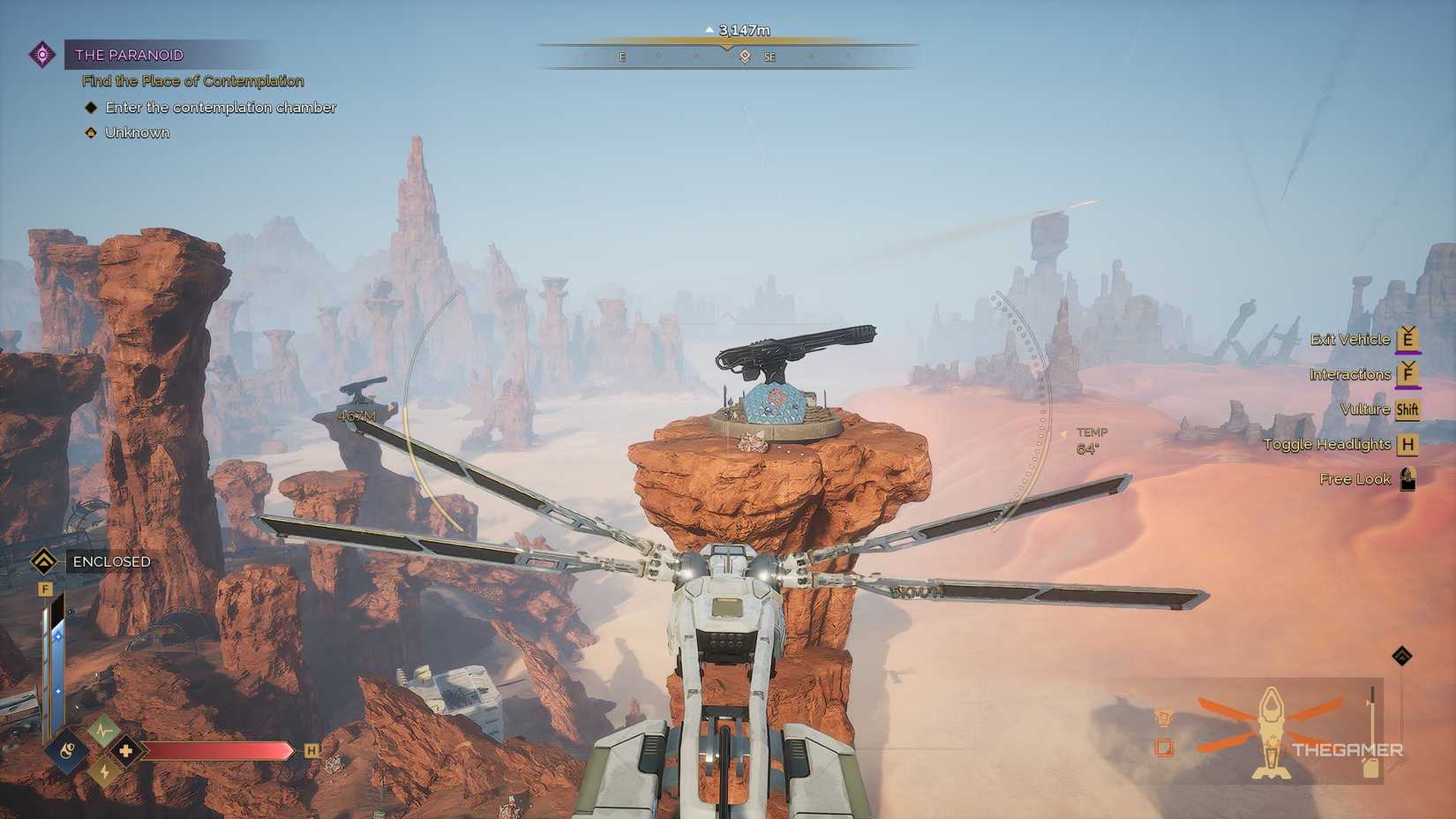 The player in their Ornitopther looks at a rocket camp in Dune: Awakening. 