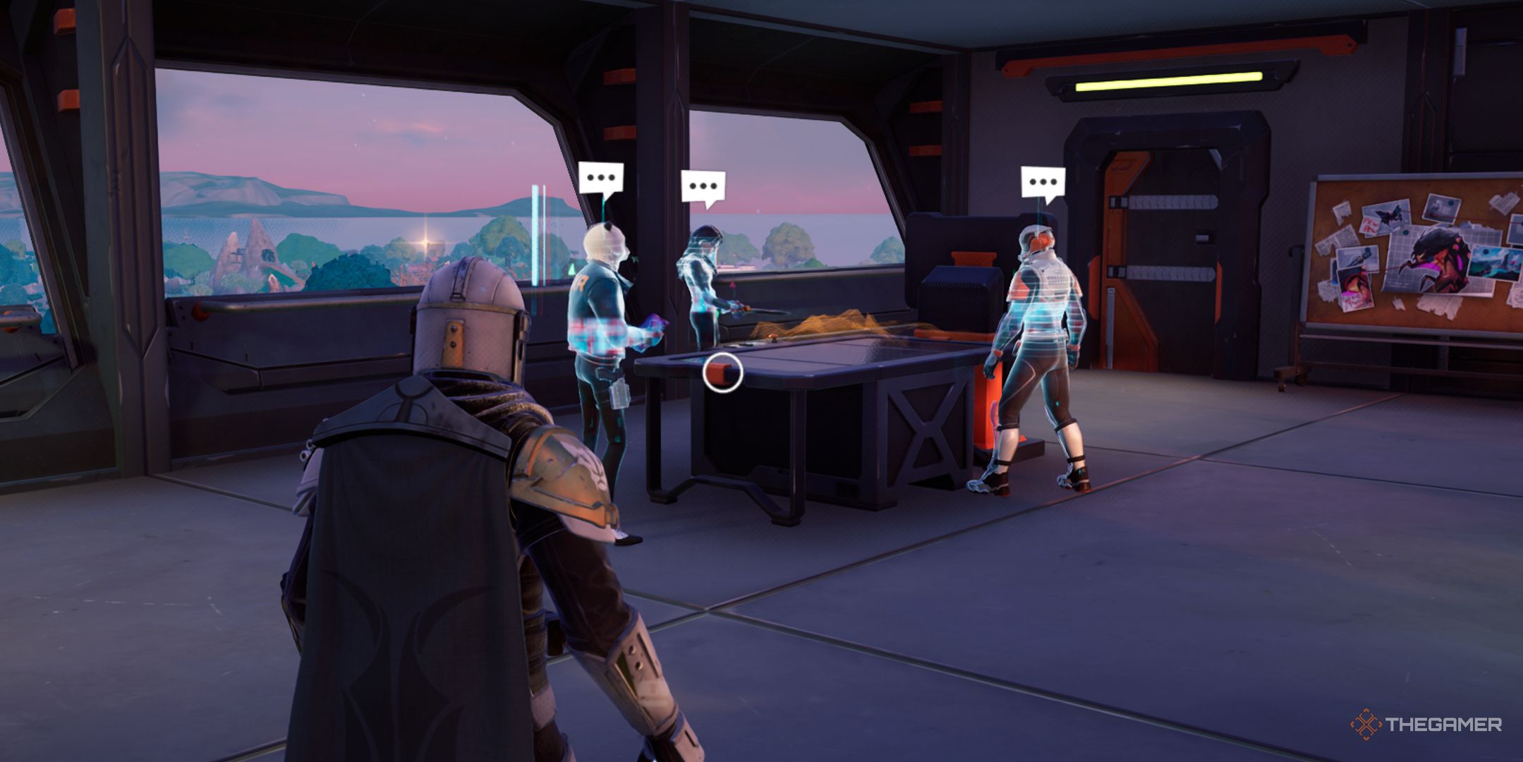 A mandalorian looking at a group of NPCs in Fortnite: Chapter 6, Season 4.