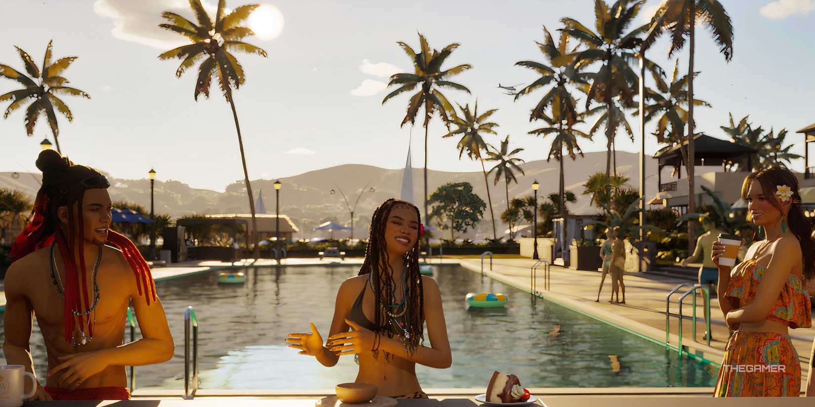 A group of locals from the Cahaya Resort enjoying the poolside.