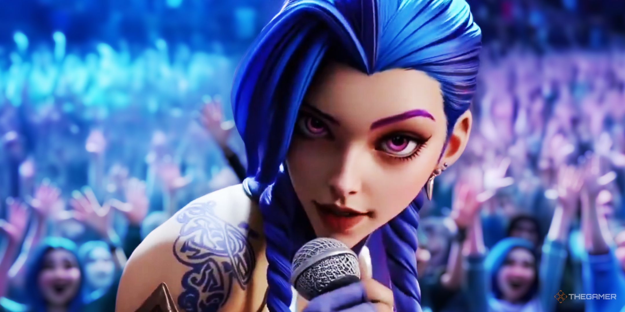 AI generated Jinx from League of Legends singing into a microphone in front of a crowd.