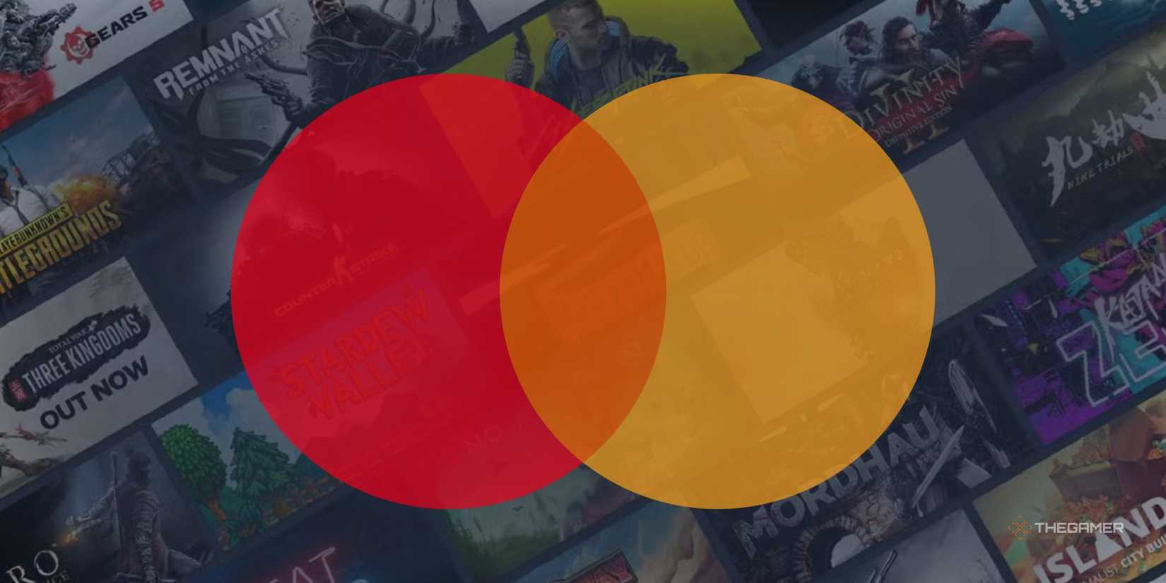 The Mastercard logo, edited over the Steam storefront.