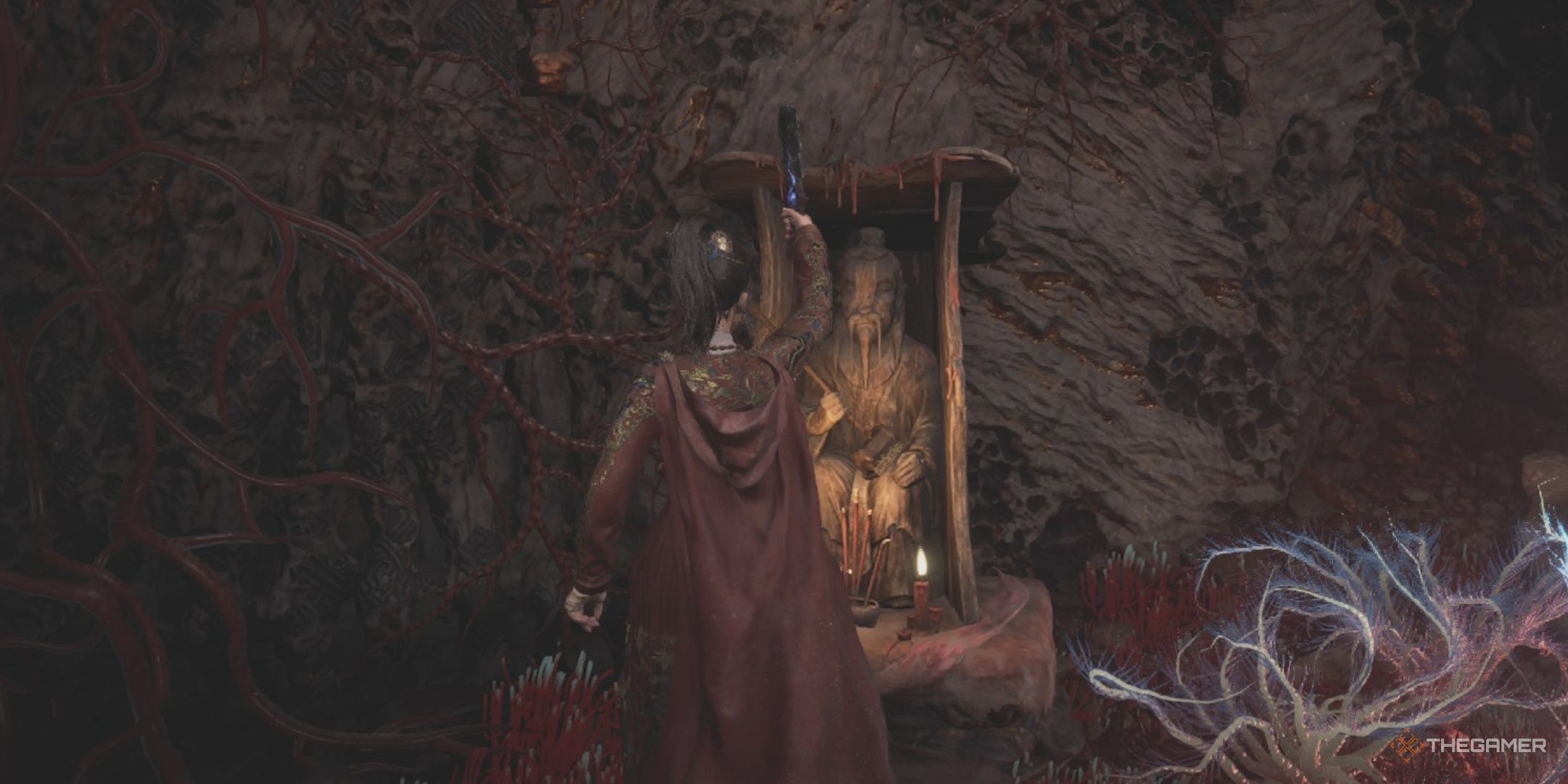 Wuchang raises a fan toward the Depths of the Capital shrine in Wuchang: Fallen Feathers.