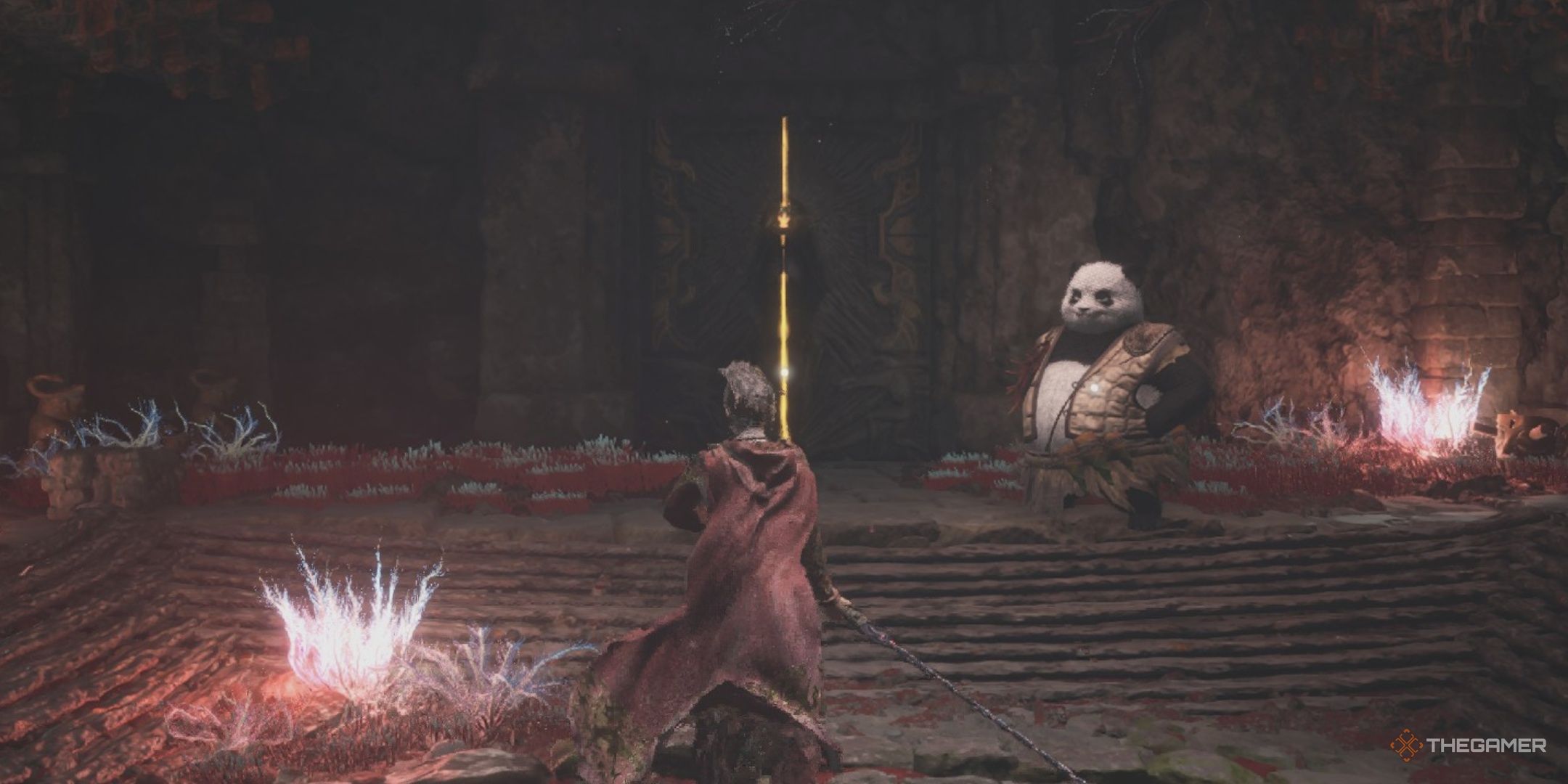 Wuchang runs toward a Benediction Door and a Panda Merchant in the Bo Capital in Wuchang: Fallen Feathers.