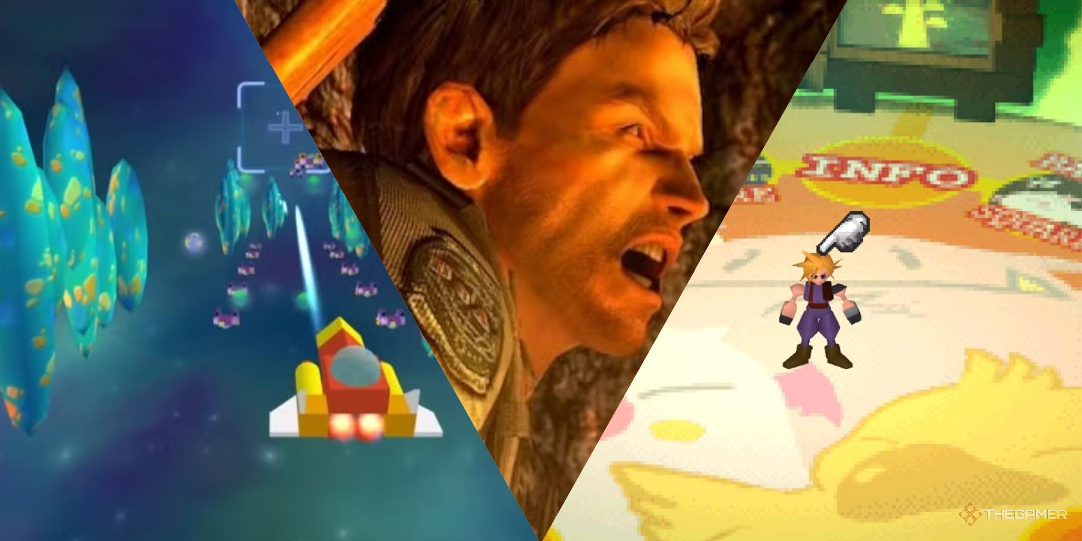 Rubber ship in kingdom hearts 1, chris pushing a boulder in resident evil 5 and cloud in a golden saucer in the original final fantasy 7, from left to right.