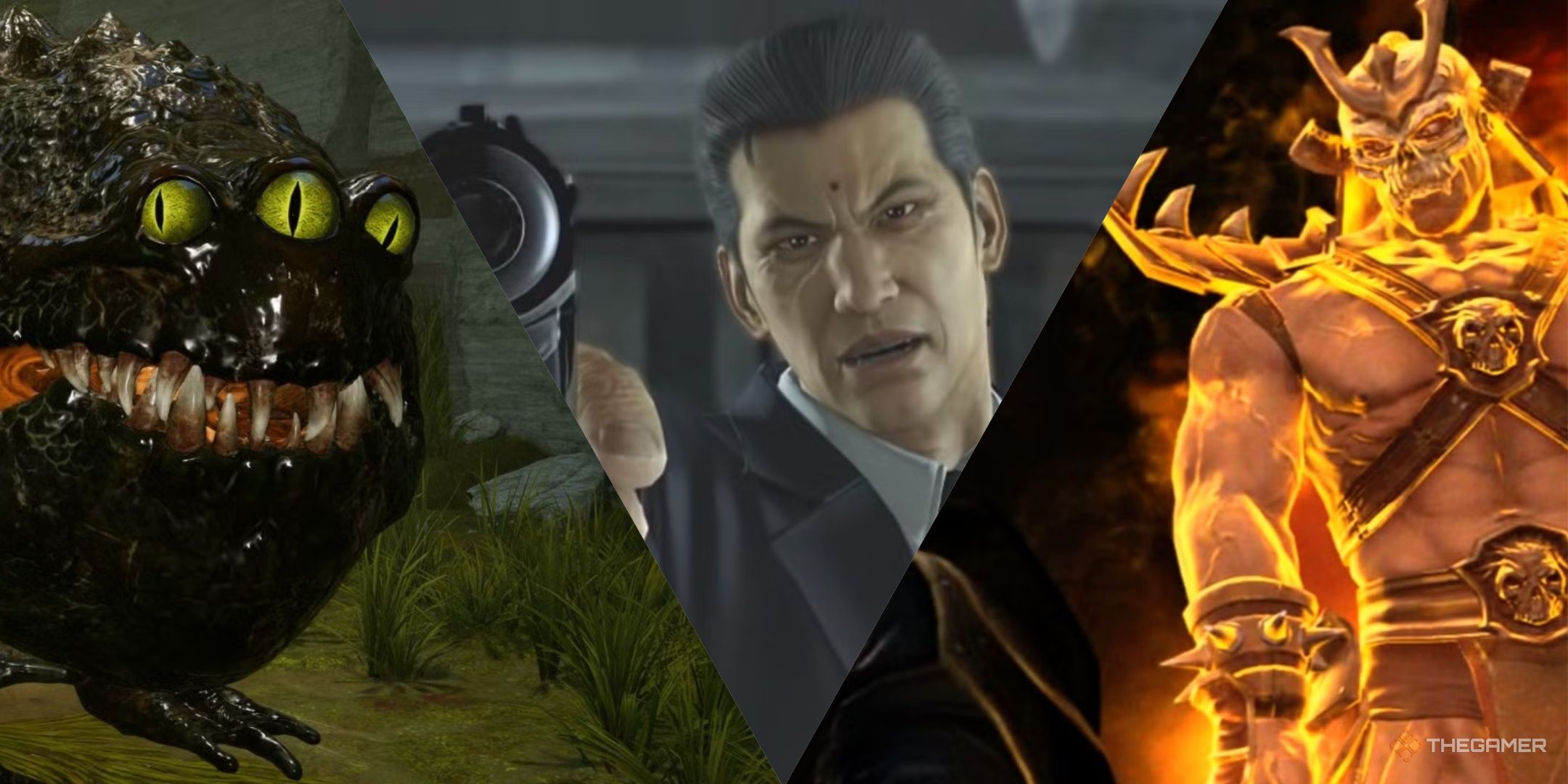 Oggdobogdo instar Wars Jedi Fallen Order, Jingu pointing a gun at Yakuza Kiwami, and Shao Kahn shining in Mortal Kombat, left to right.