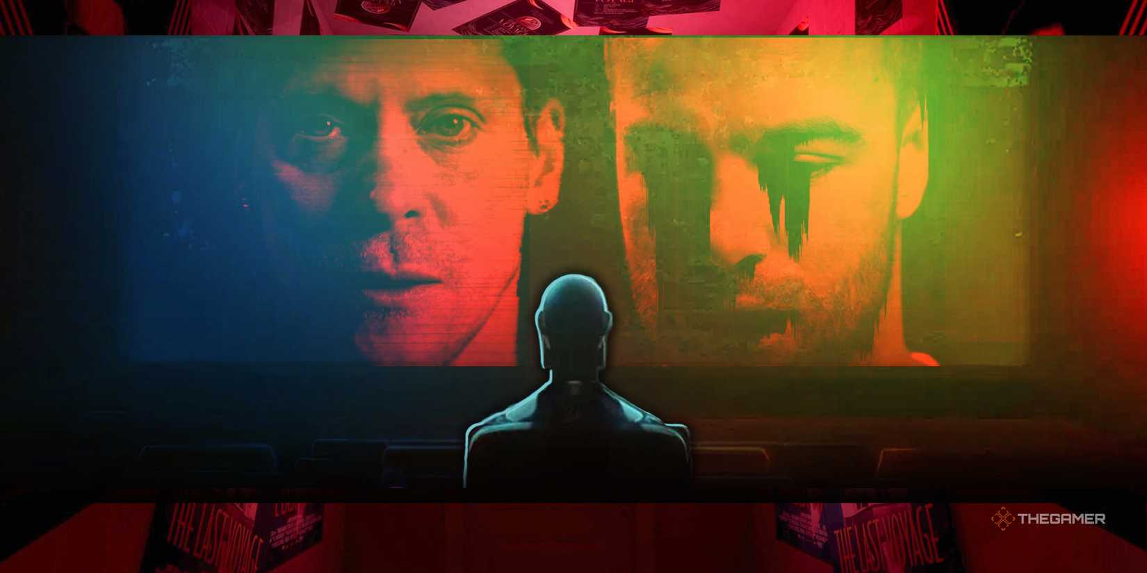 Neil Newbon and Ben Starr with black tears on a movie screen in front of a director's seat in Dead Take.