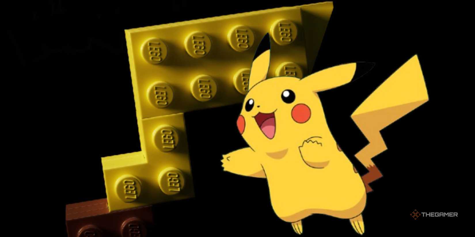Pikachu Lego Pikachu jumping in front of the tail.