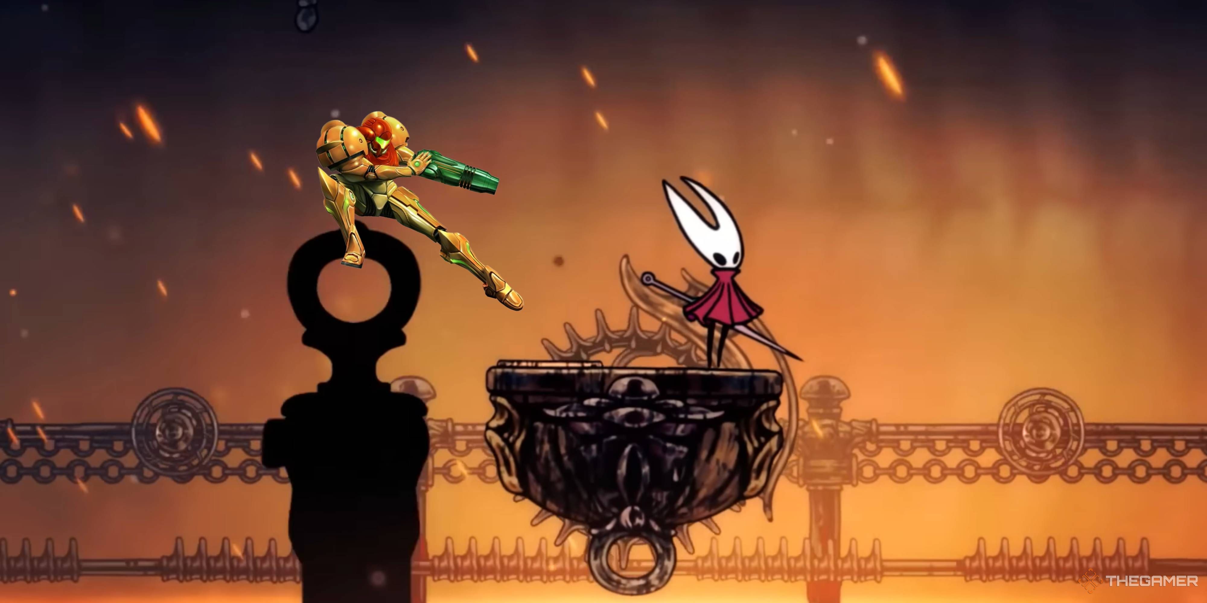 samus about to shoot hornet in hollow knight silksong.
