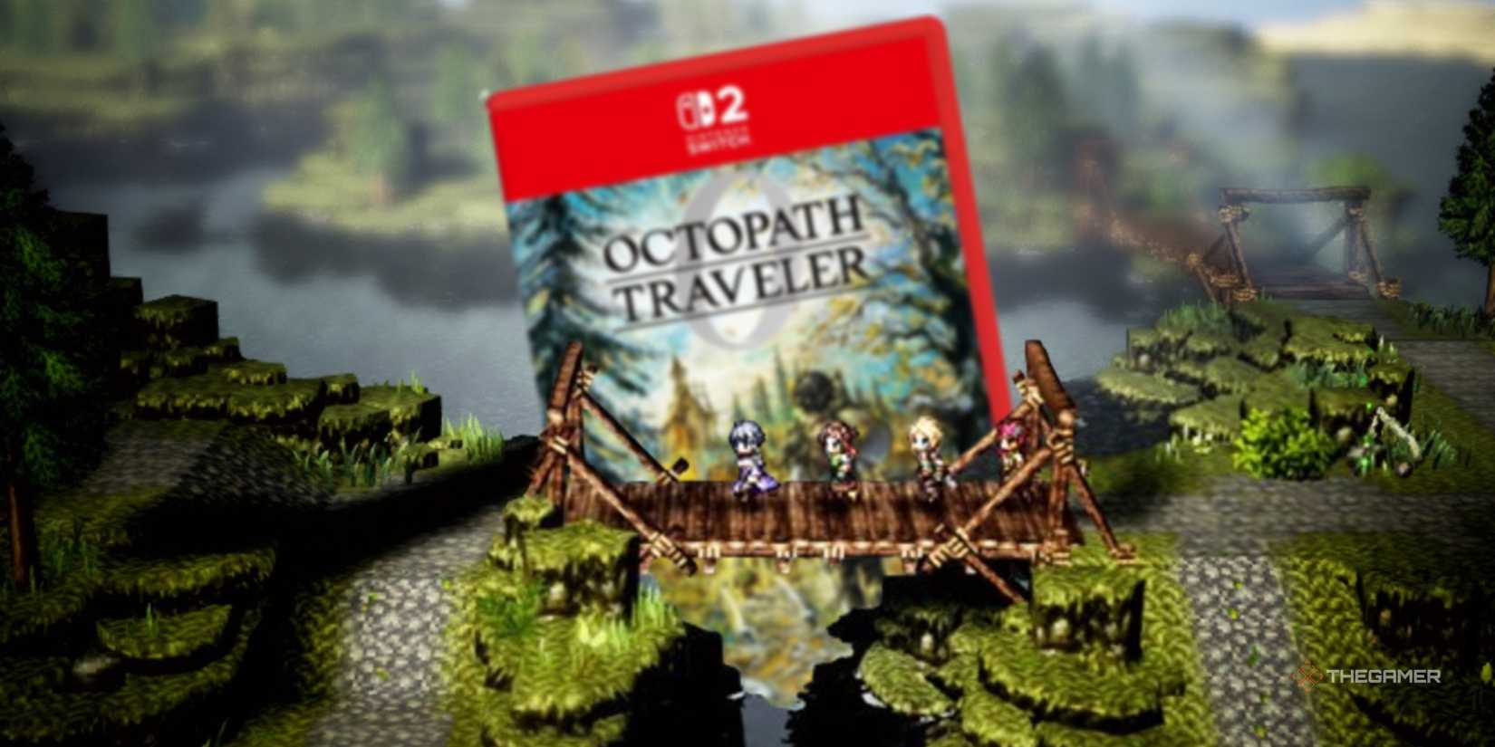 octopath traveler 0 characters crossing a bridge in front of a switch 2 copy of the game.