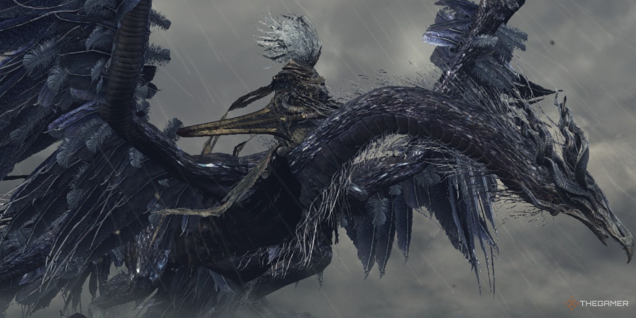 The Nameless King riding atop his Stormdrake, King of the Storm, as rain is pouring down on them in Dark Souls 3.