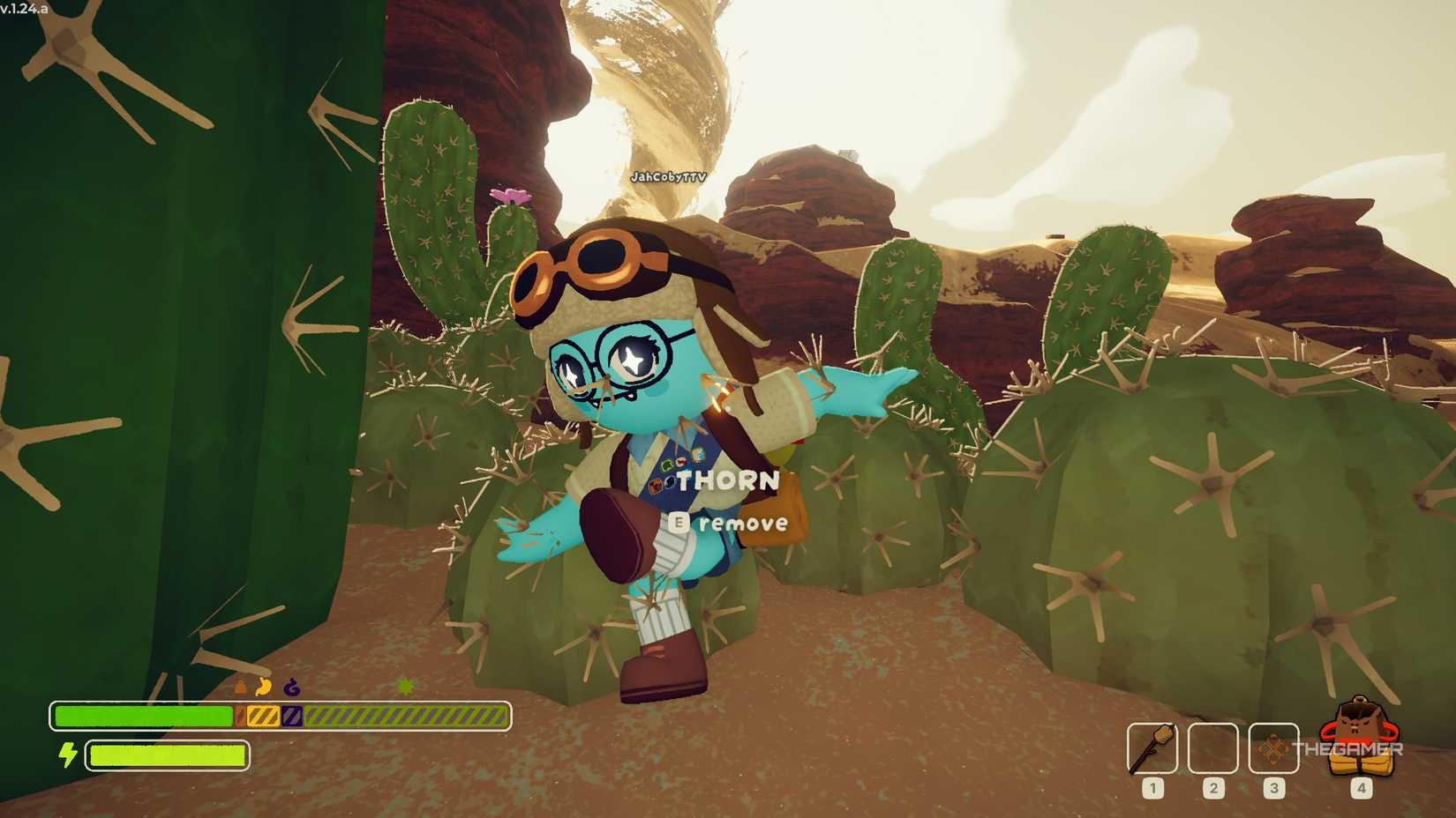 PEAK A scout leaping over a cluster of cacti.