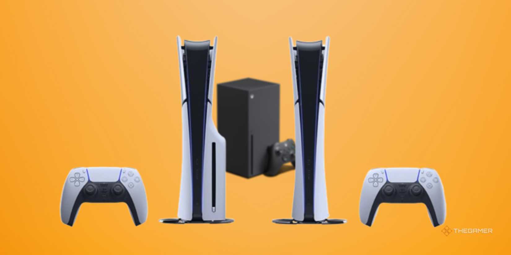 ps5s with controllers in front of an xbox series x.