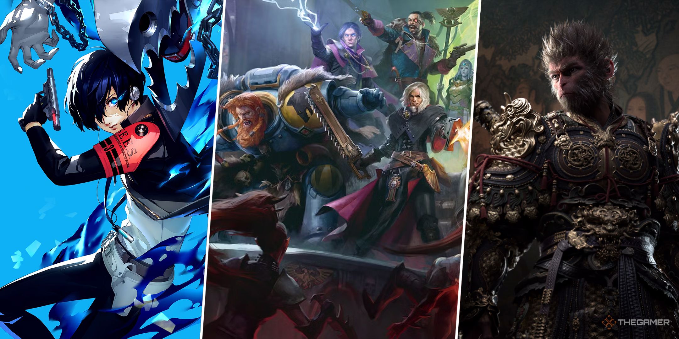 A split image featuring Persona 3 Reload, Warhammer 40k Rogue Trader, and Black Myth: Wukong.