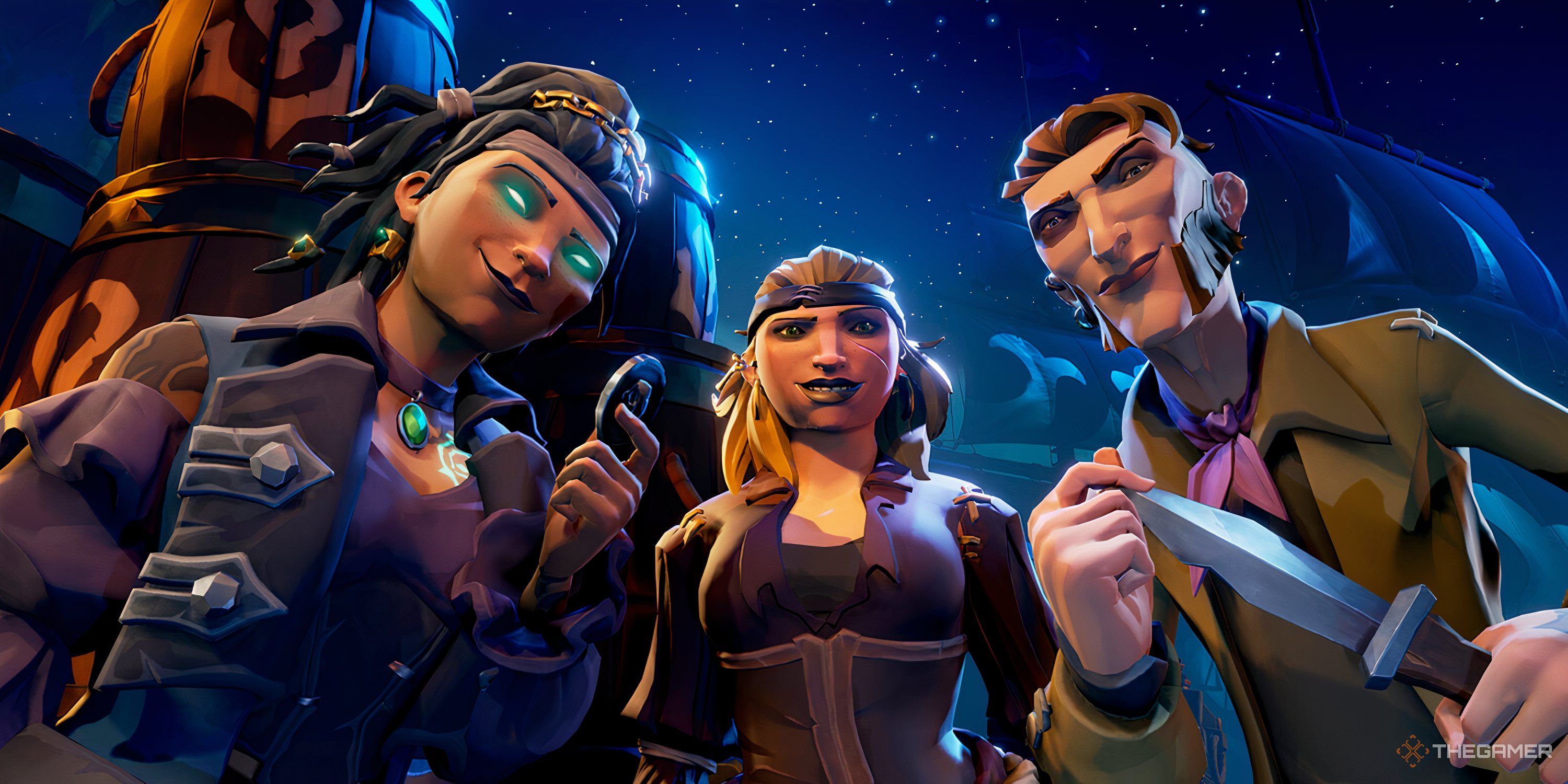 The official Sea of ​​Thieves Smuggler's League screenshot with three pirates staring at the viewer.