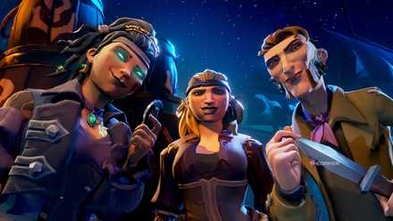 The official Sea of Thieves Smuggler's League screenshot with three pirates staring at the viewer.