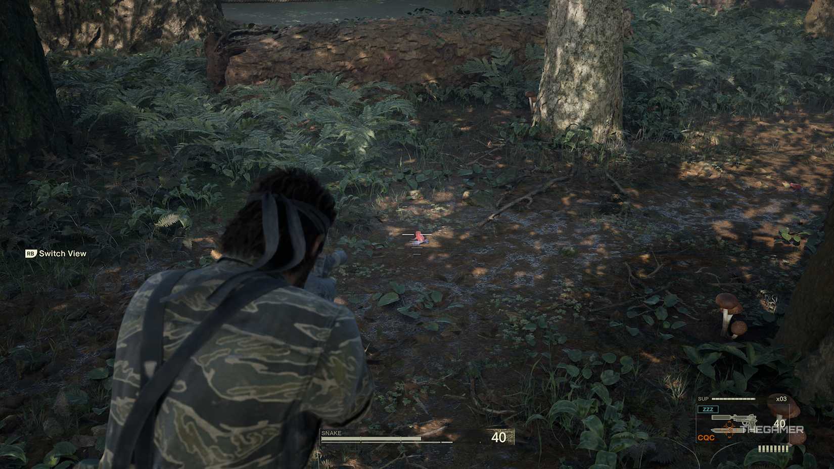 Snake aiming at a poison dart frog in Metal Gear Solid Delta: Snake Eater.