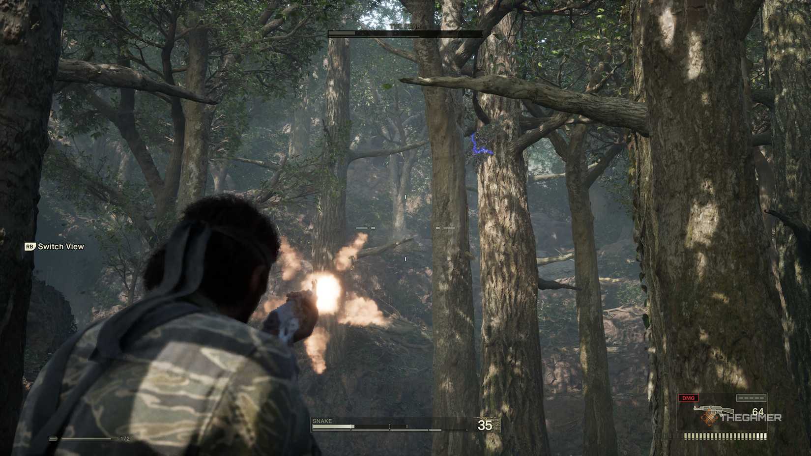 Snake firing his AK-47 in the direction of The Fear in Metal Gear Solid Delta: Snake Eater.