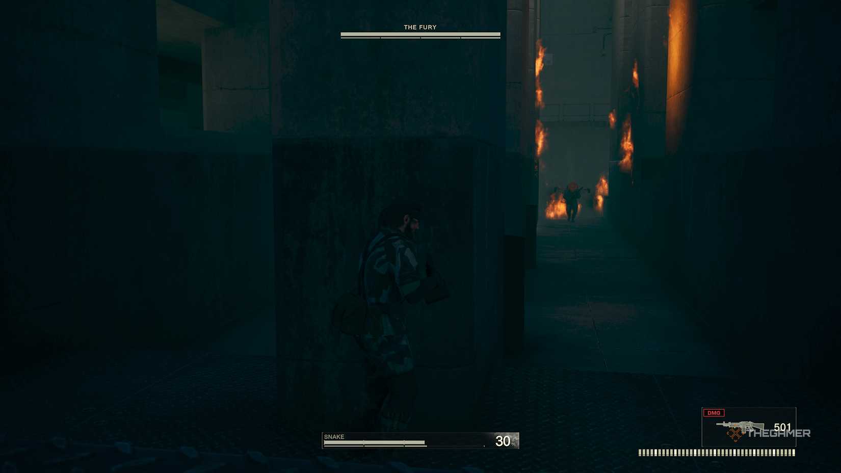 Snake is waiting for a column for furiousness walking around the hall in Metal Gear Solid Delta Snake Eater.