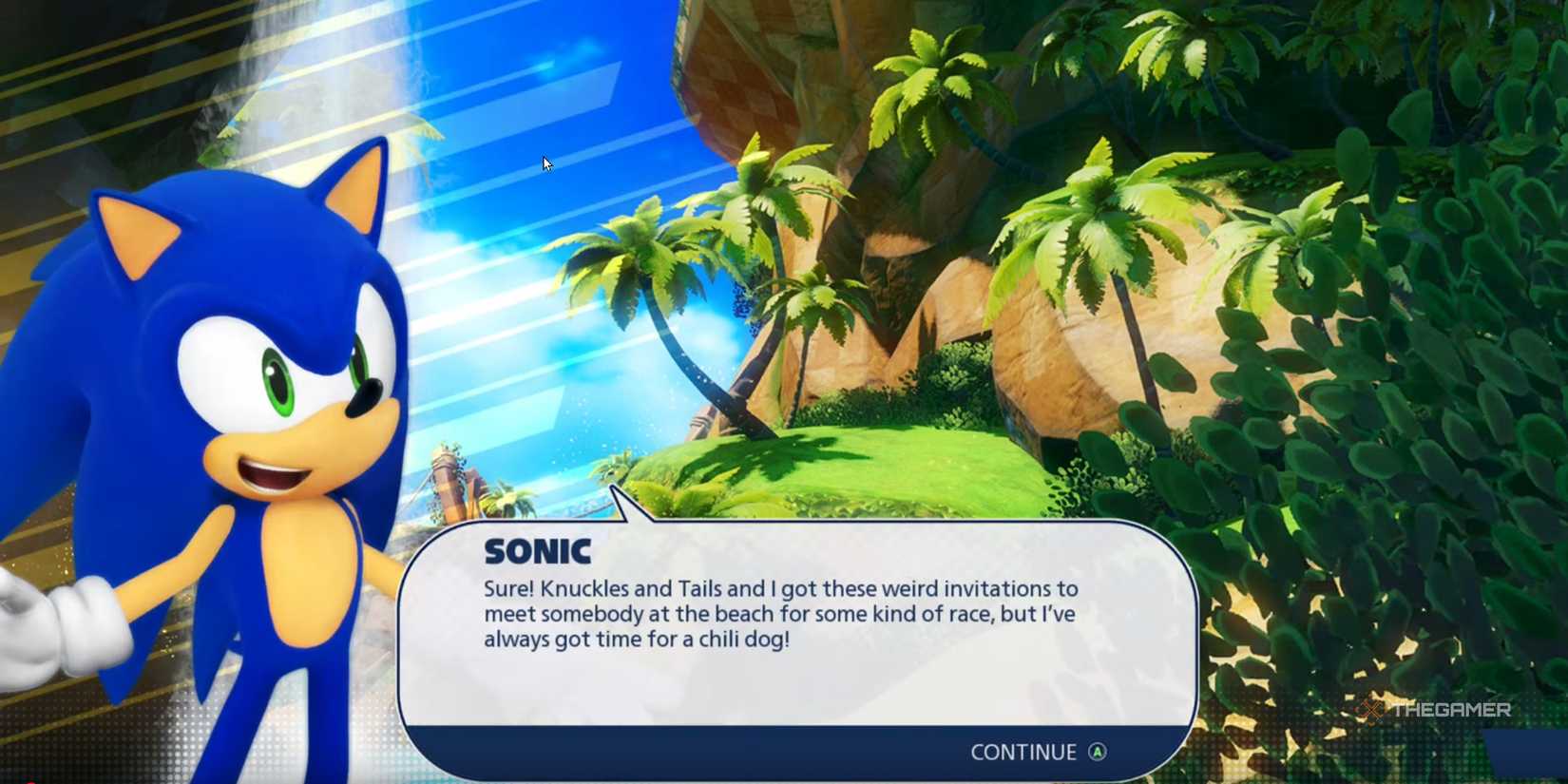 Sonic talks about an invite to race in front of a tropical scene in Team Sonic Racing.