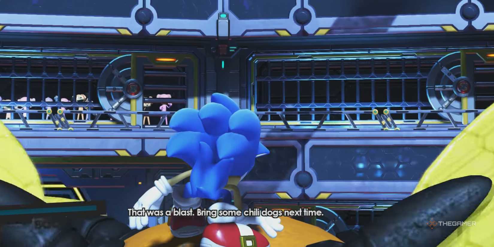 Sonic telling a defeated Zavok to bring chili dogs next time after defeating him, catched people watch from a distance.